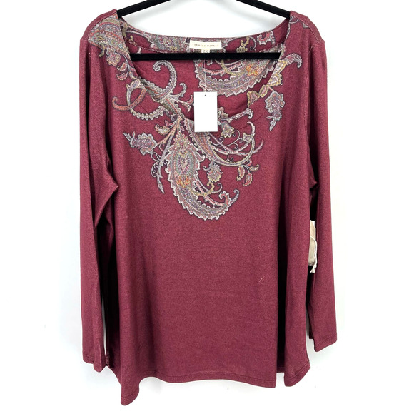 Farmers Market Wine Red Floral Print Shirt Womens Plus SIze 3X Long Sleeve - Picture 1 of 7